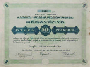 Ceglédi Hitelbank Részvénytársaság részvény 50 pengő 1931