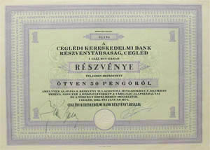 Ceglédi Kereskedelmi Bank részvény 50 pengő 1941