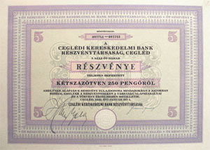 Ceglédi Kereskedelmi Bank részvény 5x50 pengő 1941