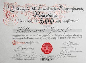 Csáktornya-Vidéki Takarékpénztár Részvénytársaság részvény 500 korona 1912