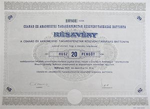 Csanád és Aradmegyei Takarékpénztár Részvénytársaság részvény 20 pengő 1929 Battonya