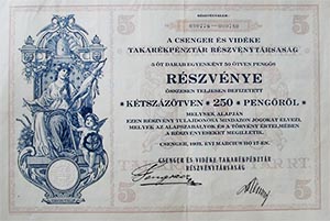 Csenger és Vidéke Takarékpénztár Részvénytársaság részvény 5x50 250 pengő 1931
