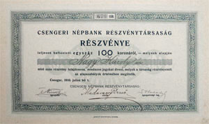 Csengeri Népbank Részvénytársaság részvény 100 korona 1910