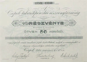 Csepeli Takarékpénztár Részvénytársaság részvény 50 pengő 1941