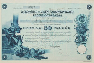 Csongrád és Vidéki Takarékpénztár Részvénytársaság részvény 30 pengő 1929