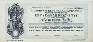 Csorvási Első Takarékpénztár Részvénytársaság részvény 10 pengő 1927 minta