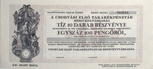 Csorvási Első Takarékpénztár Részvénytársaság részvény 10x10 pengő 1927 minta