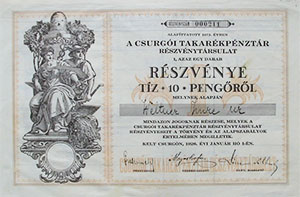 Csurgói Takarékpénztár Részvénytársaság részvény 10 pengő 1926 Csurgó