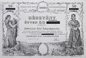 Debreczeni Első Takarékpénztár Részvénytársaság részvény 50 pengő 1926 / 50 forint 1947