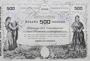 Debreczeni Első Takarékpénztár Részvénytársaság részvény 500 korona 1911