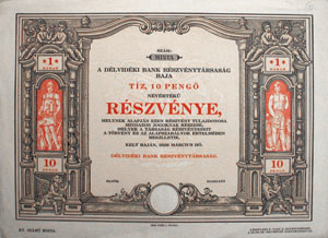 Délvidéki Bank Részvénytársaság Baja részvény 10 pengő 1926