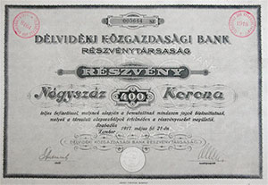Délvidéki Közgazdasági Bank Részvénytársaság részvény 400 korona 1917 Szabadka, Zombor