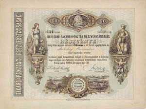 Derecskei Takarékpénztár Részvénytársaság részvény 50 forint 1890