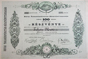 Dévai Takarékpénztár Részvénytársaság részvény 100 korona 1904