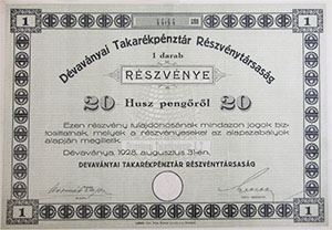 Dévaványai Takarékpénztár Részvénytársaság részvény 20 pengő 1928