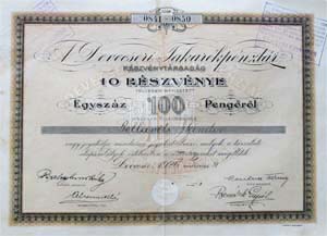 Devecseri Takarékpénztár Részvénytársaság részvény 100 pengő 1926