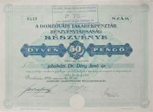 Dombóvári Takarékpénztár Részvénytársaság részvény 50 pengő 1926