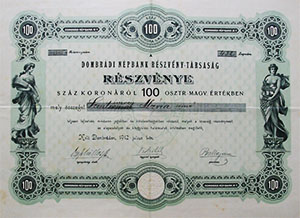 Dombrádi Népbank Részvénytársaság részvény 100 korona 1912