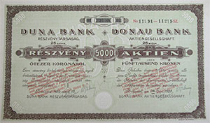 Duna Bank Részvénytársaság részvény 25x200 5000 korona 1920