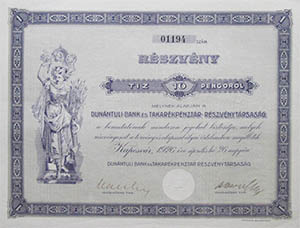 Dunántúli Bank és Takarékpénztár Részvénytársaság részvény 100 pengő 1926 Kaposvár