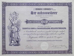 Dunántúli Bank és Takarékpénztár Részvénytársaság részvény 50 pengő 1926 Kaposvár