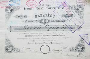 Egyesült Budapesti Fővárosi Takarékpénztár részvény 300 forint 1889