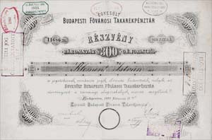 Egyesült Budapesti Fővárosi Takarékpénztár részvény 300 forint 1895
