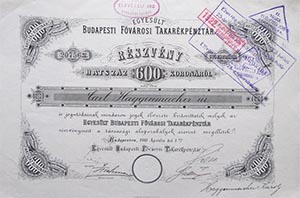 Egyesült Budapesti Fővárosi Takarékpénztár részvény 600 korona 1911