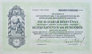 Egyesült Dunaföldvári Takarékpénztár és Hitelbank Részvénytársaság részvény 150 pengő 1926