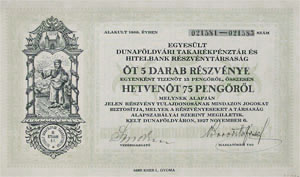 Egyesült Dunaföldvári Takarékpénztár és Hitelbank Részvénytársaság részvény 75 pengő 1927