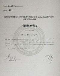 Egyesült Felsőmagyarországi Hitelbank és Kassai  Takarékpénztár Részvénytársaság félrészvény 50 pengő 1942 Kassa