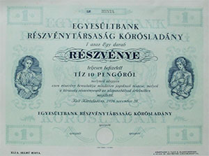 Egyesültbank Részvénytársaság Kőrösladány részvény 10 pengő 1926