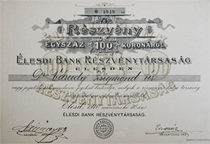 Élesdi Bank Részvénytársaság részvény 100 korona 1910 Élesd