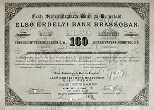 Első Erdélyi Bank Brassóban Részvénytársaság részvény 160 forint 1887