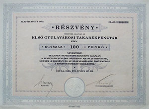 Első Gyulavárosi Takarékpénztár részvény 100 pengő 1928 Gyula