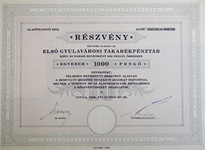 Első Gyulavárosi Takarékpénztár részvény 10x100 1000 pengő  1928 Gyula
