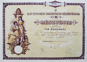 Első Pestújhelyi Takarékpénztár Részvénytársaság részvény 10 pengő 1926