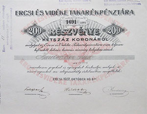 Ercsi és Vidéke Takarékpénztára részvény 200 korona 1922
