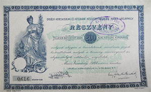 Erdélyi Kereskedelmi és Hitelbank Részvénytársaság részvény 200 korona 1904 Marosvásárhely