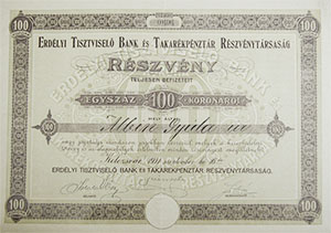 Erdélyi Tisztviselő Bank és Takarékpénztár Részvénytársaság  részvény 100 korona 1911 Kolozsvár