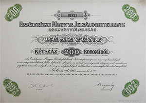 Erdélyrészi Magyar Jelzáloghitelbank Részvénytársaság  részvény 200 korona 1918 Kolozsvár