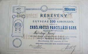 Erdélyrészi Parcellázó Bank Részvénytársaság részvény 100 korona 1912 Maros-Vásárhely