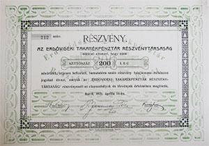 Erdővidéki Takarékpénztár Részvénytársaság részvény 200 lei 1921 Barót