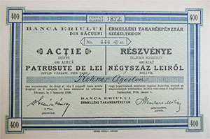 Érmelléki Takarékpénztár Részvénytársaság részvény 400 lei 1928 Székelyhíd