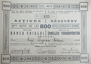 Érmelléki Takarékpénztár Részvénytársaság részvény 800 lei 1935 Székelyhíd