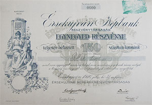 Érsekújvári Népbank Részvénytársaság negyed-részvény 150 korona 1926