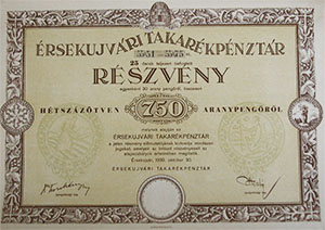 Érsekújvári Népbank Részvénytársaság részvény 25x30 750 aranypengő 1939