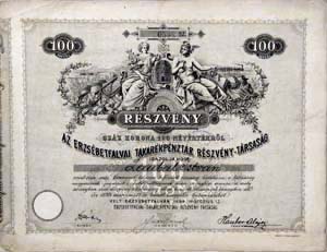 Erzsébetfalvai Takarékpénztár Részvénytársaság részvény 100 korona 1899