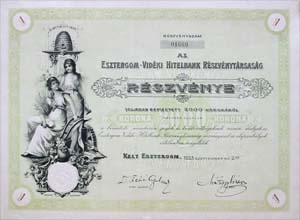 Esztergom-Vidéki Hitelbank Részvénytársaság részvény 2000 korona 1909