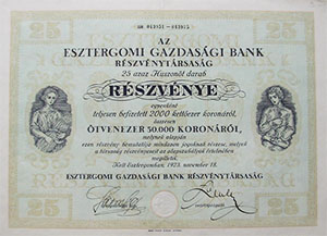 Esztergomi Gazdasági Bank Részvénytársaság részvény 25x2000 50000 korona 1923